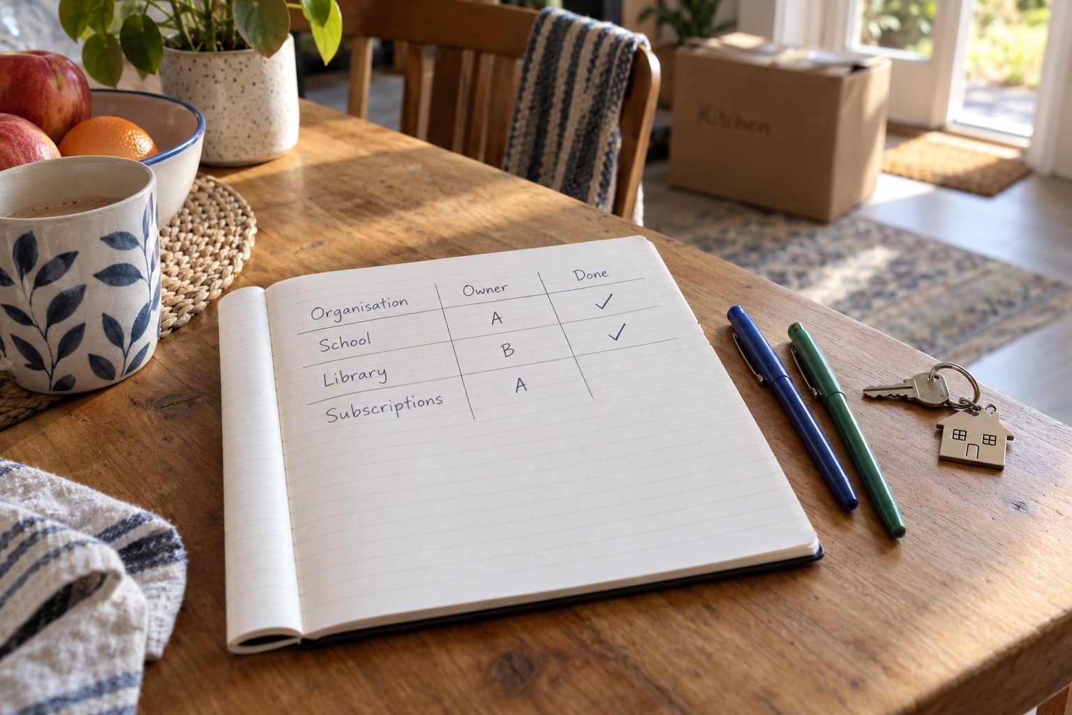 A notebook assigning address-update tasks to two adults.