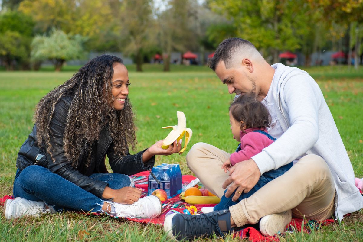 A family sharing food on a picnic blanket in a park.