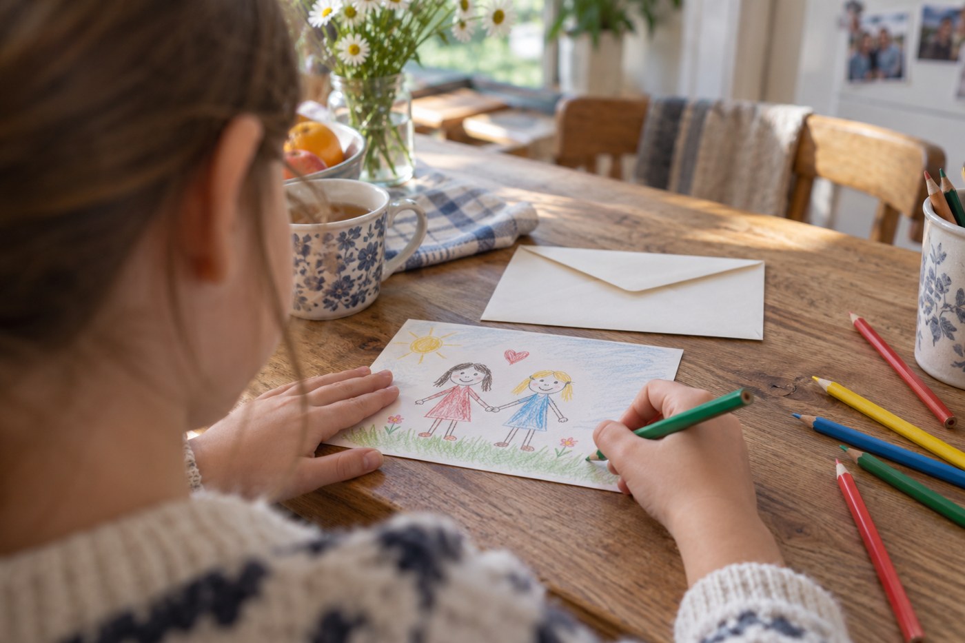 A child drawing a postcard for a friend