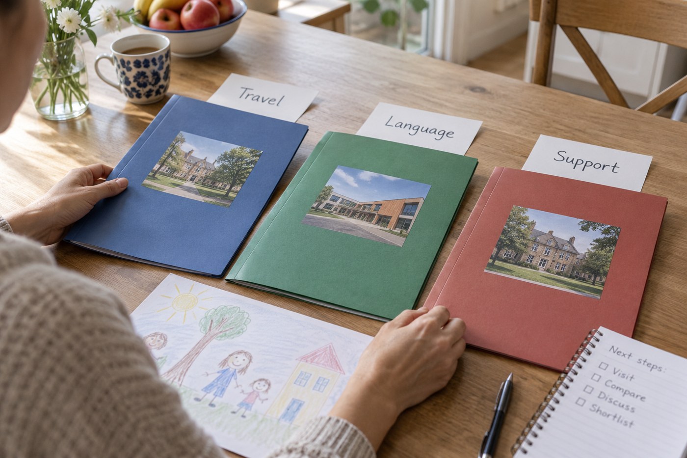 A parent comparing school information folders