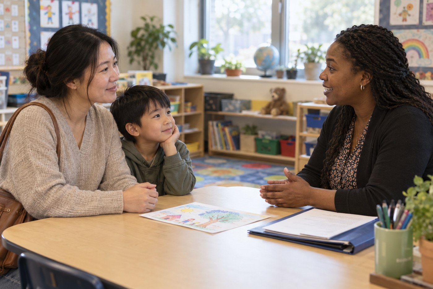 A parent and child talking with a teacher