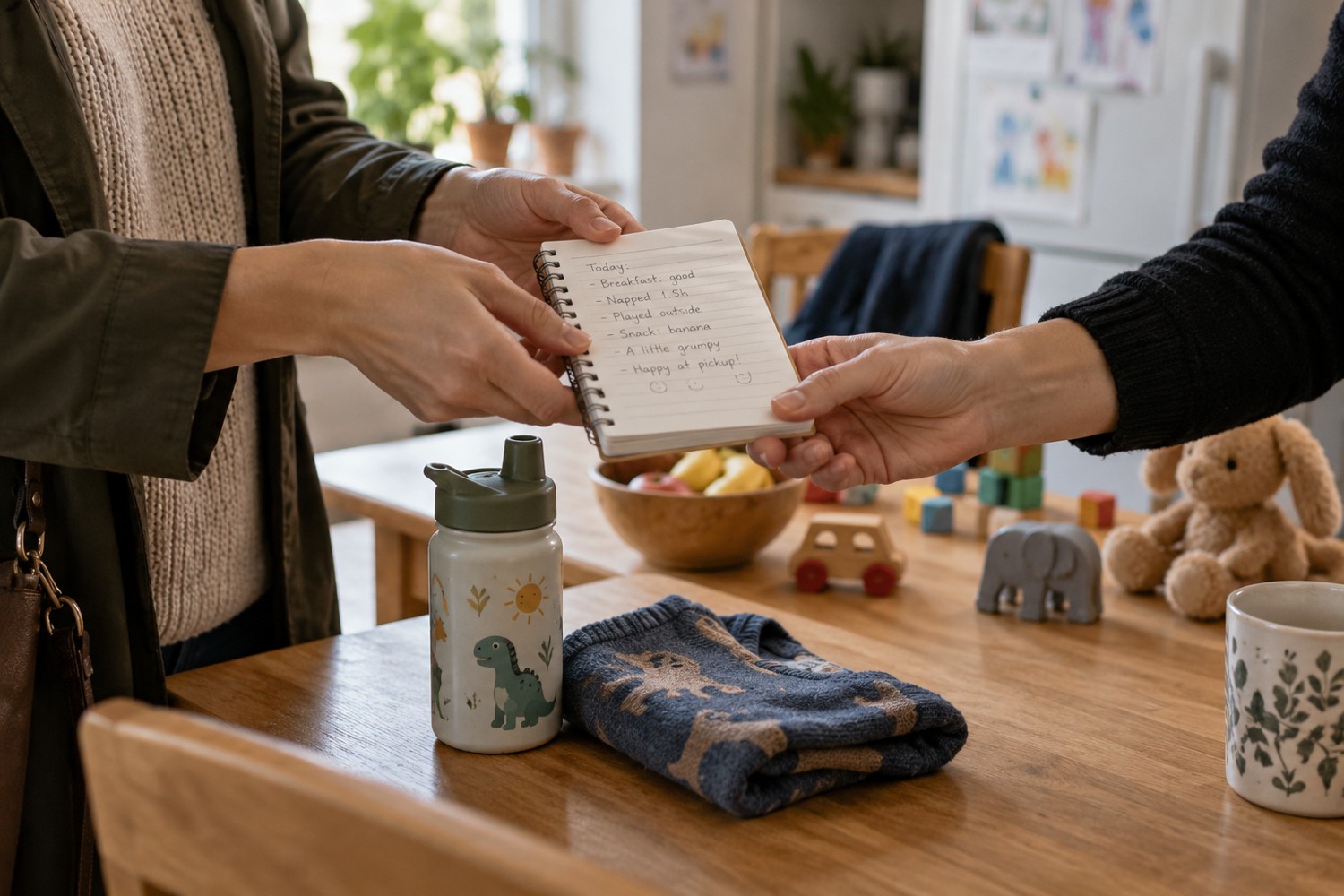 An adult passing a childcare notebook to another adult