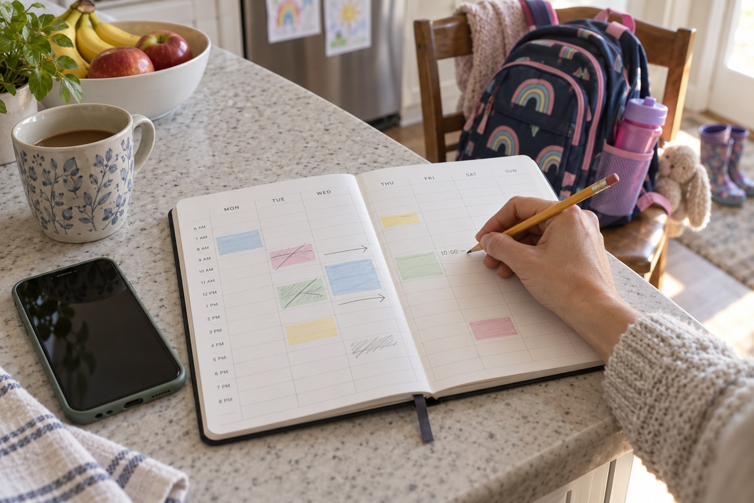 A weekly planner, phone and school bag ready for a changed arrangement