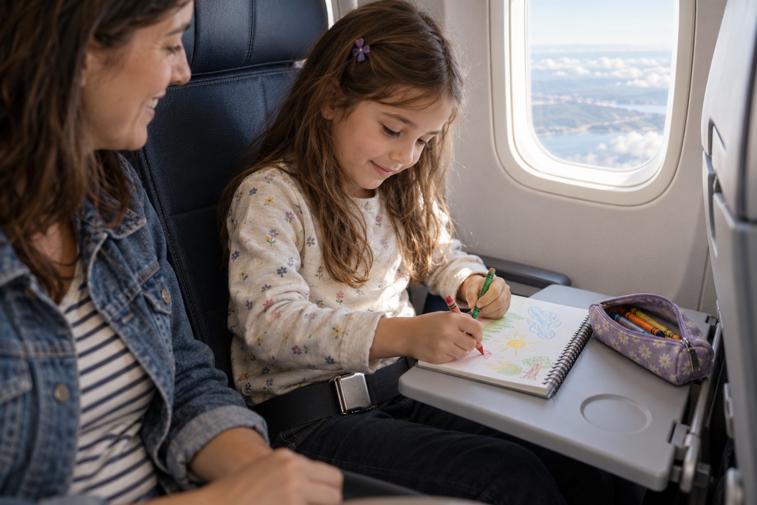A child drawing on an aircraft tray table