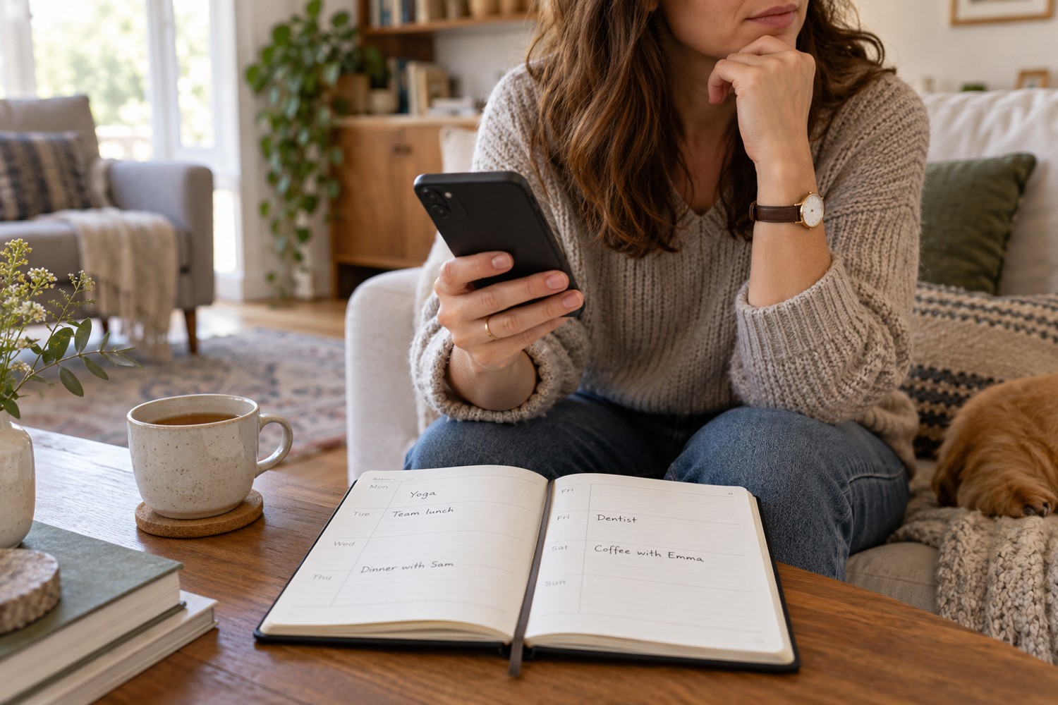A woman holding a phone beside a paper diary