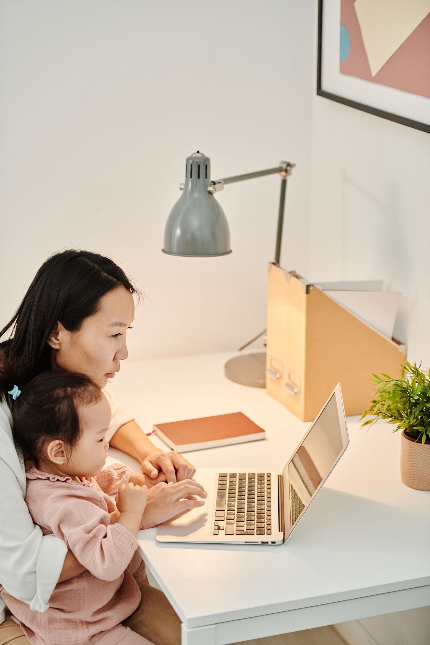 A woman using a laptop with a child on her lap